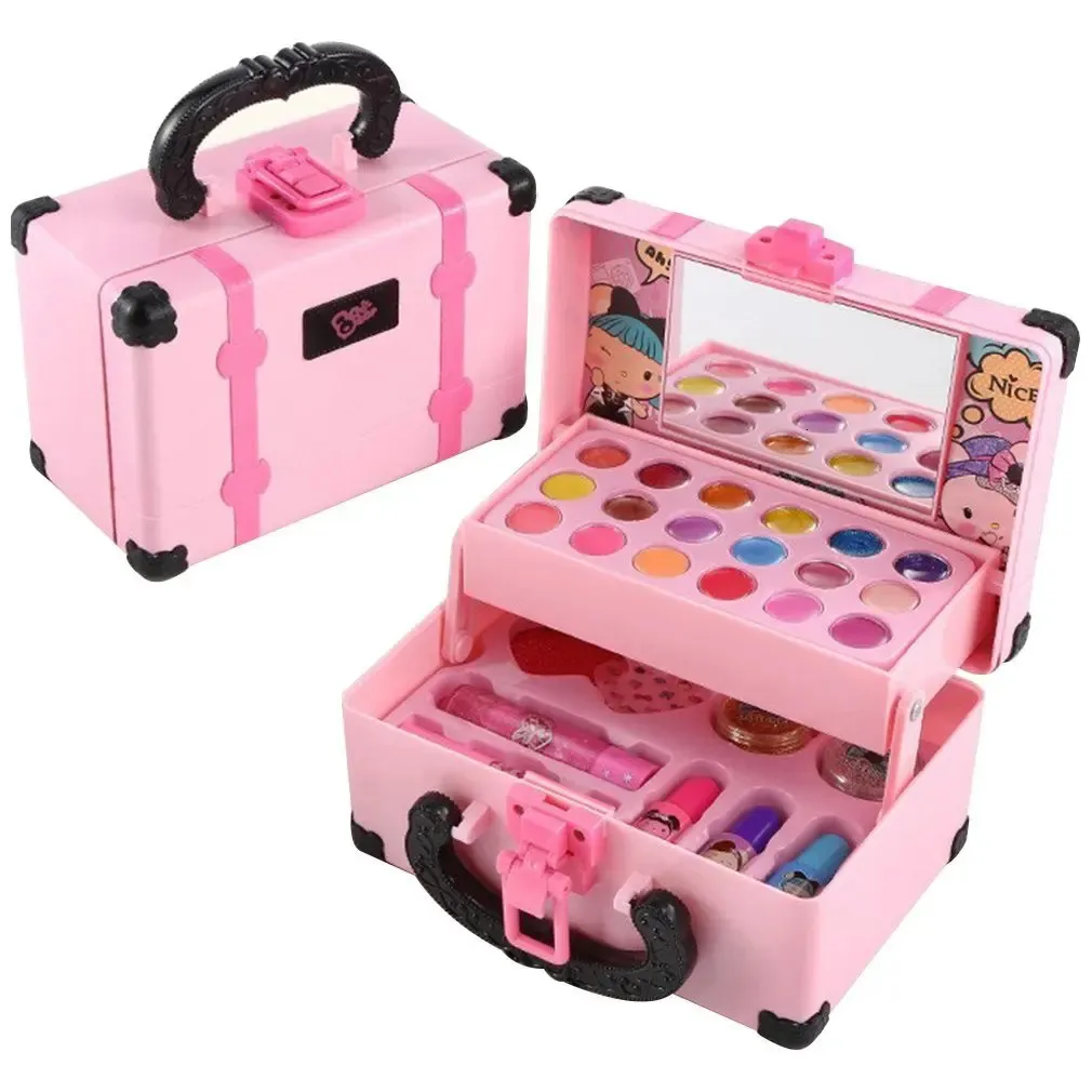 Skönhetsmode barn makeup set läppstift låtsas lek med leksaker kosmetisk pedagogisk tjej prinsessa leksak resväska gåva 231213