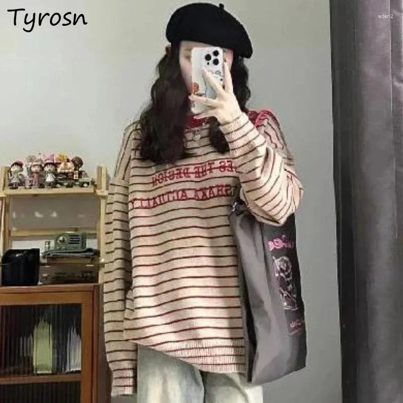 Pulls pour femmes Pulls tricotés rayés Femmes Hiver Lâche Vintage Broderie Casual Style coréen Pull paresseux All-Match Classic Sueter