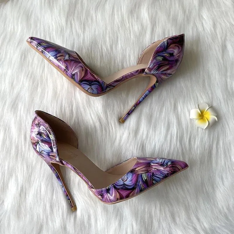 Scarpe eleganti eleganti in pelle verniciata viola stampata con tacco alto da donna Lady D'orsay pompa da donna di marca in vendita