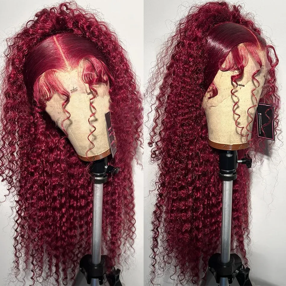 99j Burgundy Red Lace Front Human Hair Blend Wig Deep Wave  display picture 2