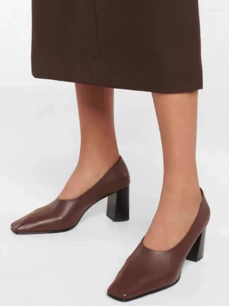 Casual Shoes Style Sheepskin Square Toe Fashion High Heel Chunky Heels Women's Single #59