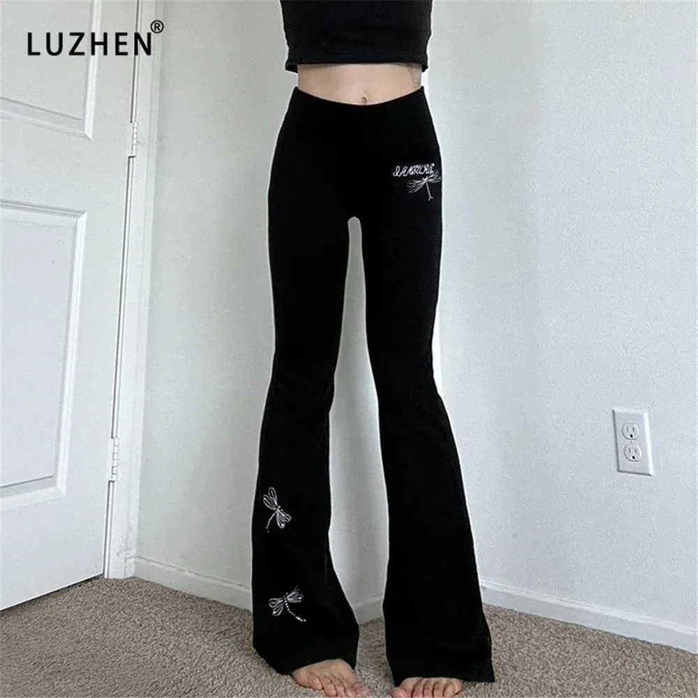 Women's Pants s Dragonfly Embroidery Flared 2023 Autumn Winter Tight Fitting Low Waist Pencil Streetwear Sweatpants Casual Leggings 231213