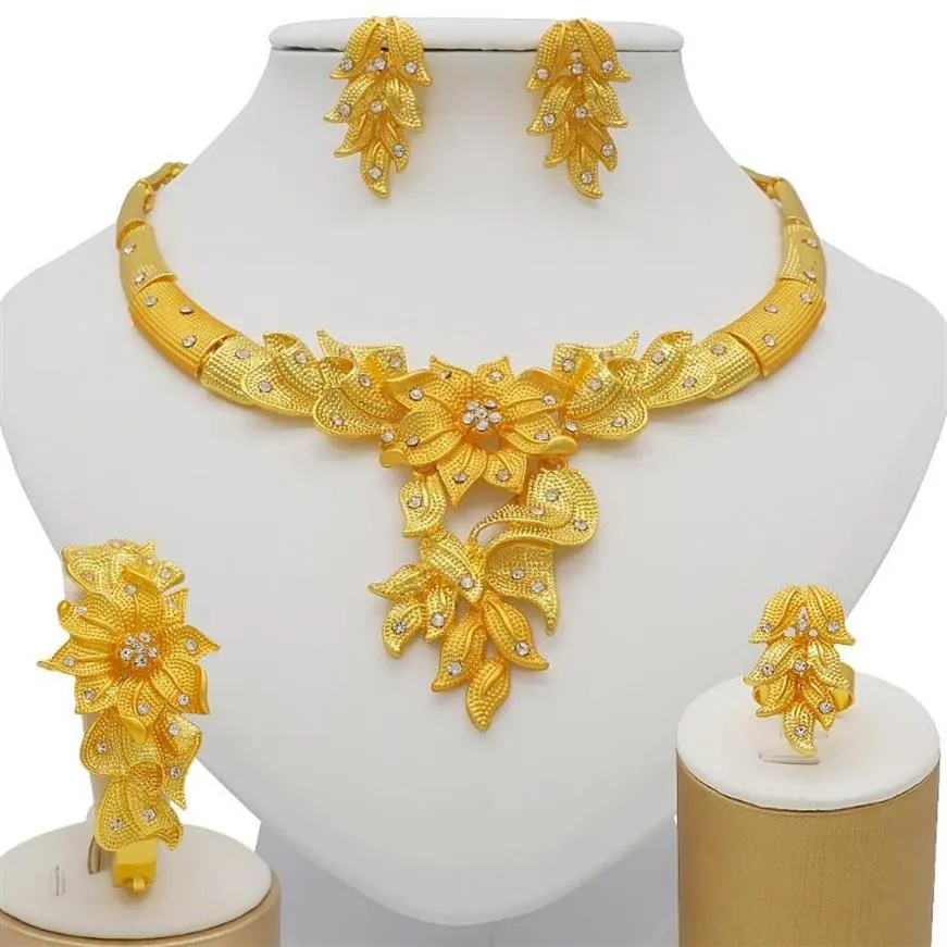Earrings Necklace Dubai Gold Jewelry Sets African Bridal Wedding Gifts For Women Saudi Arab Bracelet Ring Set Flowers Jewellery241G