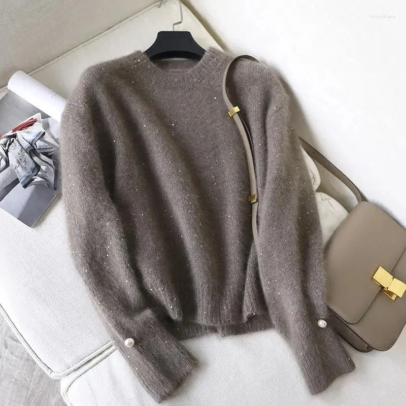 Women's Sweaters Limiguyue Soft Cashmere Wool Sequined Sweater Women Long Sleeve Knit Mohair Pullovers Spring Autumn Basic Knitwear Jumper