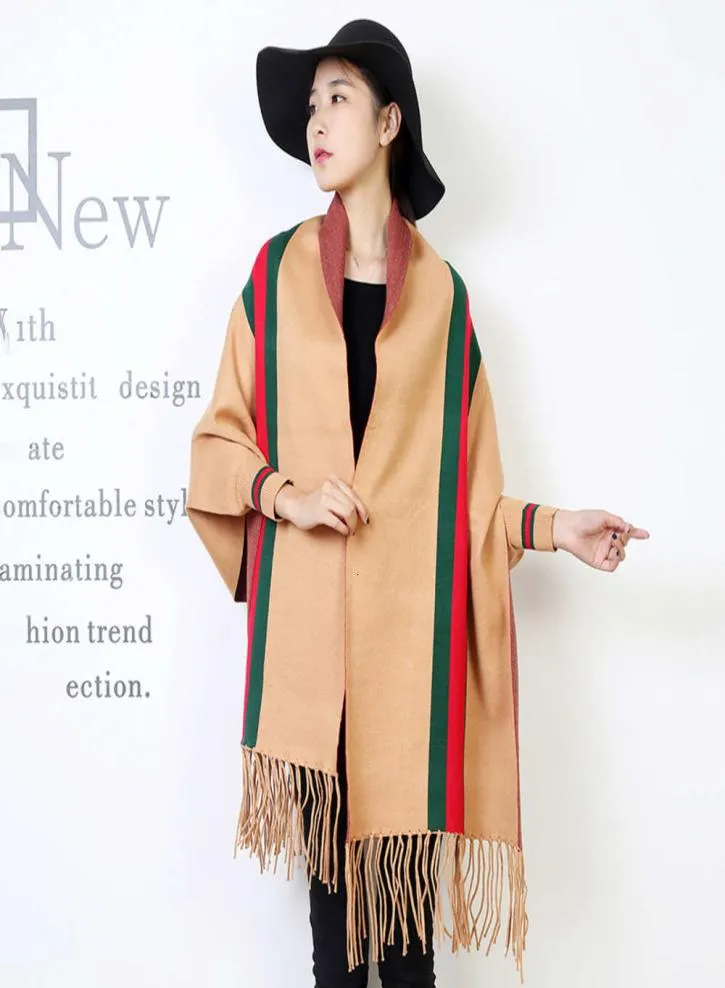 wrap Shawl women039s autumn and winter Cape striped bat sleeve knitted scarf with dual purpose multifunction thickened cape co2851095