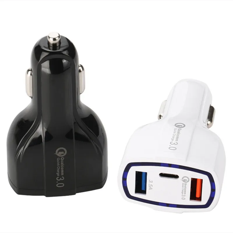 100pcs/DHL QC 3.0 Fast Charging Quick Chargers with LED Halo Light USB dual interface PD Car Charger for ALL Phone Black/White 2 Colors