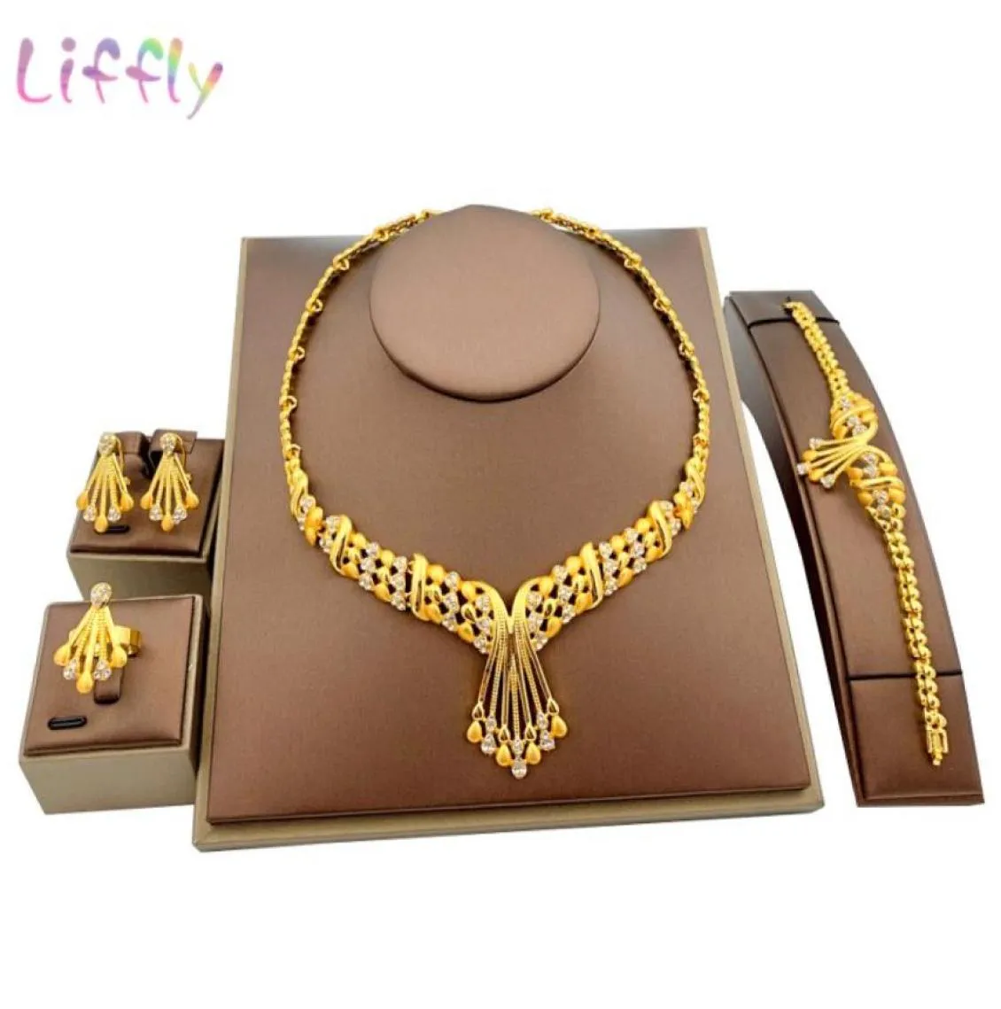 Liffly African Dubai Set di gioielli da sposa in oro per le donne Orecchini con bracciale Set di gioielli con anelli di cristallo per feste di nozze indiane 2009238136362457