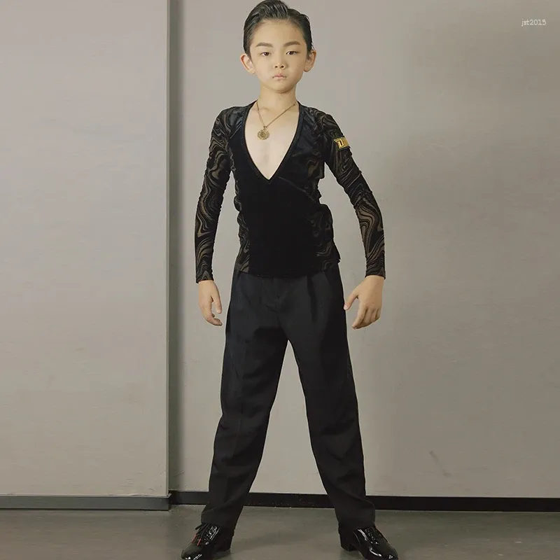 Scena Wear Boys Łacińskie konkurencja Tańca Kostium V Neck Black Pants Rumba Tango Waltz Dancing Performfit Practice DL11463