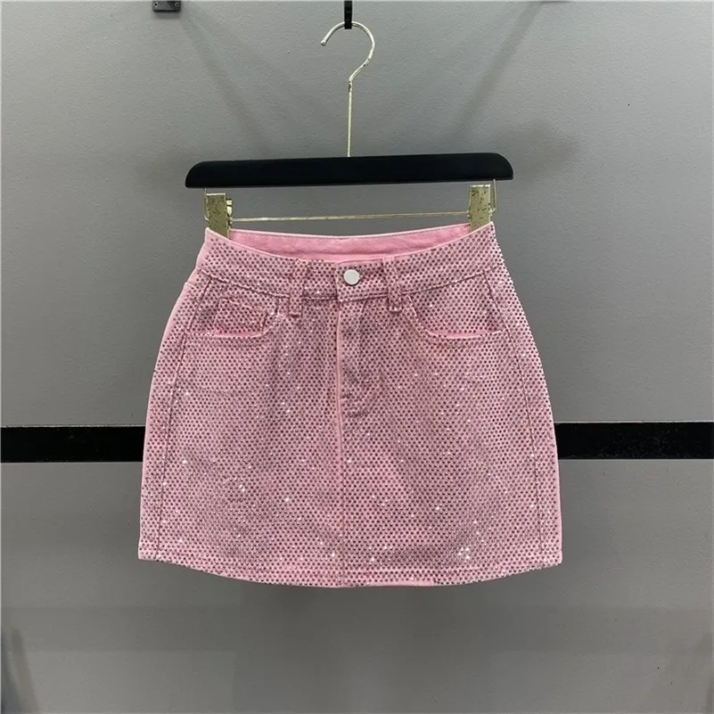 Ethnic Clothing Diamond Jean Mini Skirt Women 2023 Summer Woman Pink Denim Short Pantskirt High Waisted Slimming Hip Wrapped Skirts 231213