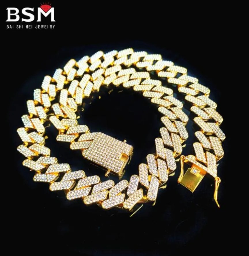 Halsband Diamond 20mm kedjor Threerow Drill Miami Cuban Link Chain Full Zircon Men039S Hip Hop1798293