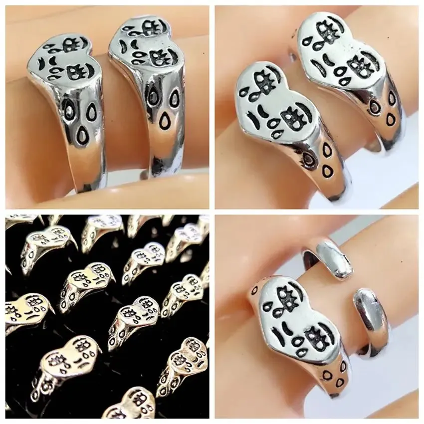 Wedding Rings 30pcs Vintage Silver Plated Crying Face Adjustable Ring Women's Tears Open Rings Heart Shape Female Girls Accessories 231214