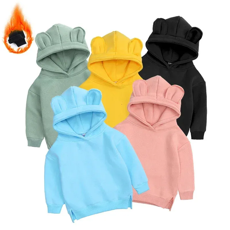 Jackets Kids Baby Boy Girl Clothes Cute Bear Ear Fleece Hoodie Toddler Winter Sweatshirt Outfits Children Solid Pullover Clothing 231214
