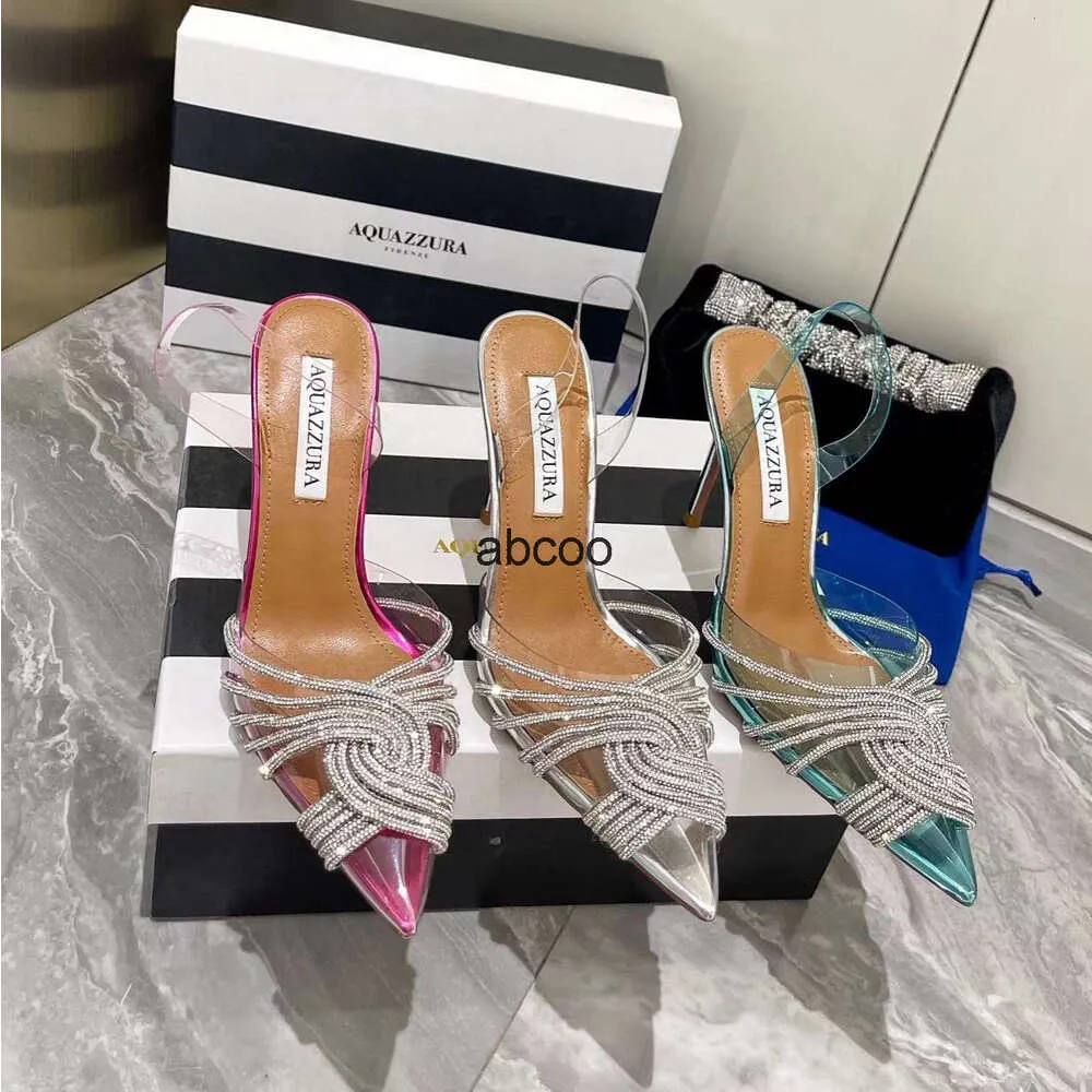 디자이너 Aquazzura 고품질 드레스 슈즈 새로운 여름 샌들 10cm 여성 발 뒤꿈치 크리스타 버클 파티 레이디 웨딩 섹시 스트랩 100% 가죽 밑바닥 샌들