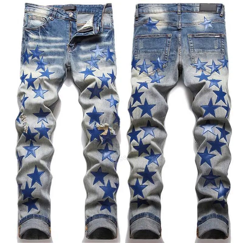 Jeans pour hommes designer déchiré broderie pentagramme patchwork pour tendance marque moto pantalon hommes maigre