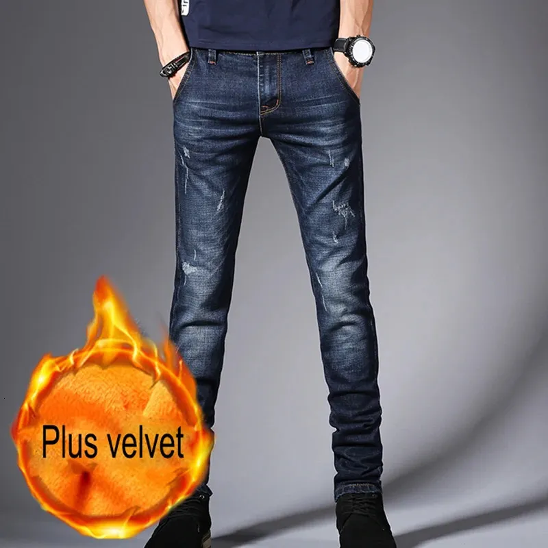 Mäns jeans Autumn och Winter Plush Fashion Style Plus Velvet Elastic Slim Korean Full Length Warm Trousers 231213