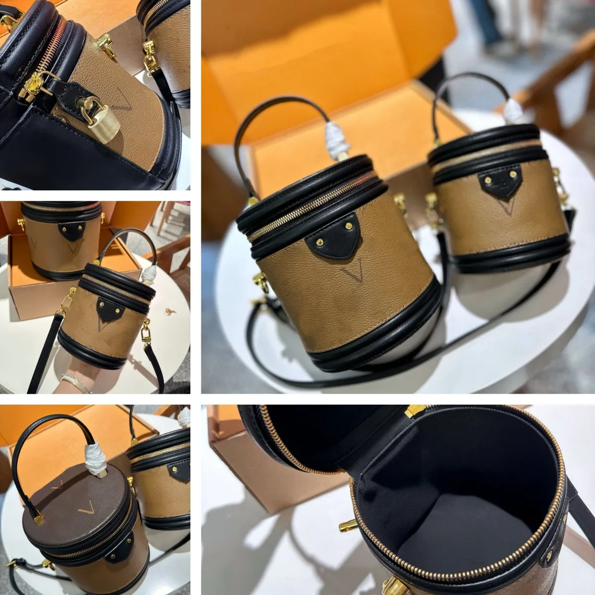 Vintage-Retro-Umhängetasche, Designer-Tasche, Umhängetasche, klassische Cannes-Taschen aus echtem Leder, Zylinderetuis, Kulturbeutel, Tragetasche, Tasche mit Buchstaben-Blumendruck