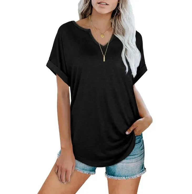 Women T-Shirts Short Sleeve Shirt fashion Solid Color V-neck Shirts Casual Pullovers Top Loose Patchwork Tees Clothing wmq1300