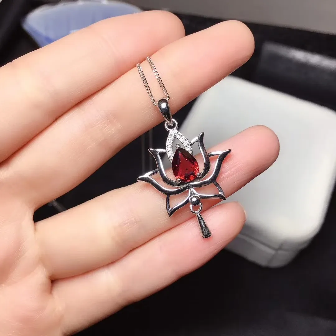 CoLife Jewelry Silver Lotus Flower Pendant for Daily Wear Natural Garnet Silver Pendant Chinese Style 925 Silver Garnet Pendant