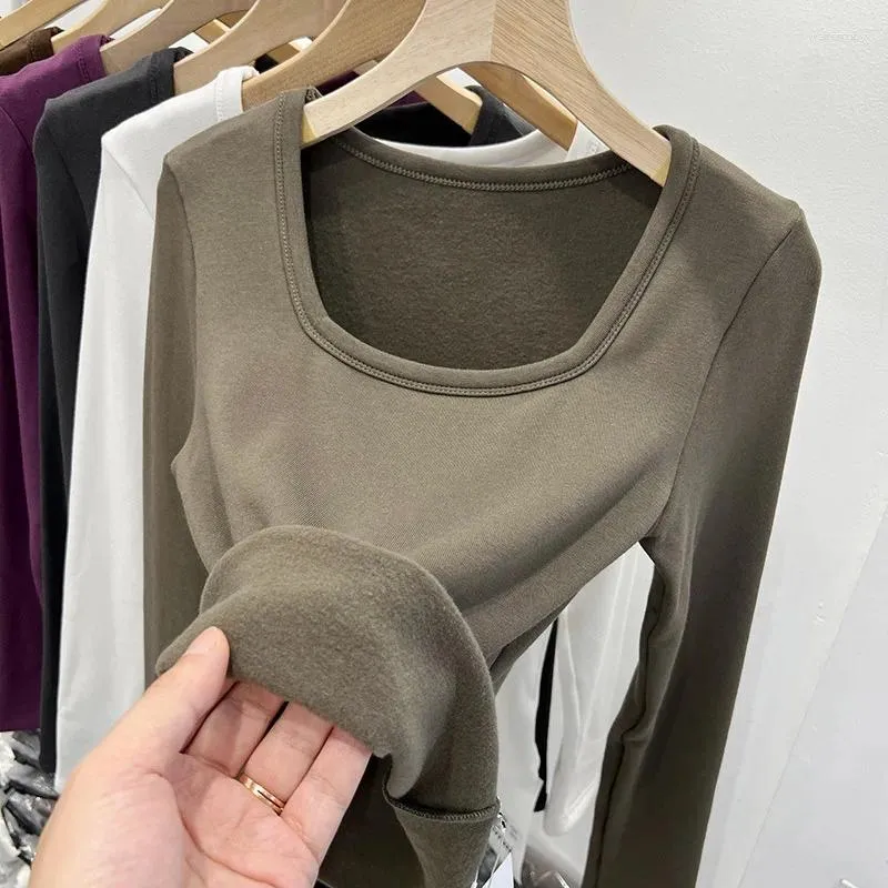 Sweat à capuche pour femmes, col carré, clavicule exposée, T-shirt à manches longues, couleur unie, avec doublure en velours fin