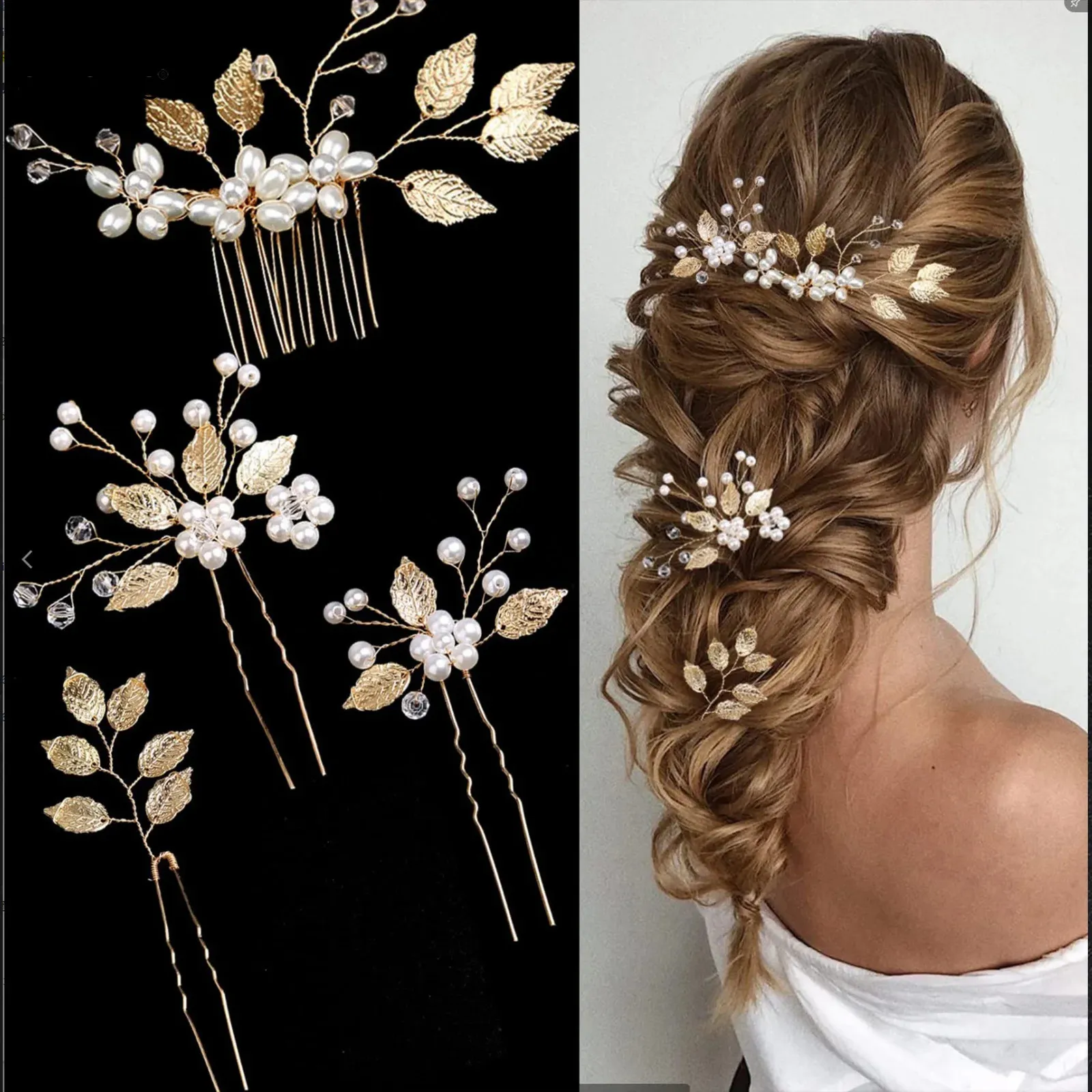 Stirnbänder Perlenblume Haarspange Seitenkamm Blattgoldförmige Legierung Tiaras Hochzeit Braut eingesetzte Haarspange Schmuck Braut Kopfbedeckung 231213