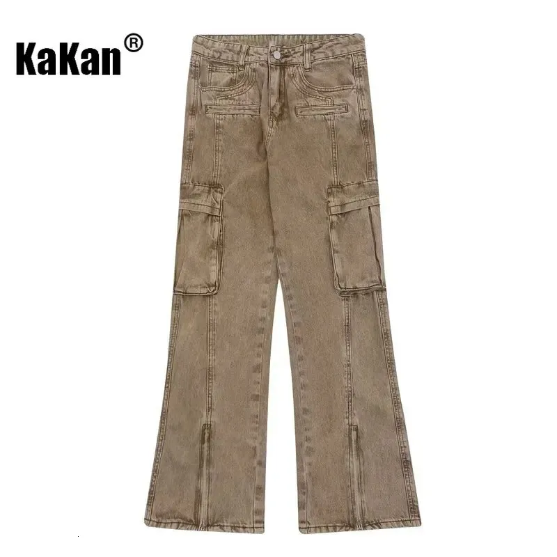 Jeans da uomo Kakan High Street europeo e americano con cerniera per uomo sciolto vintage diviso multi tasca K27 231214