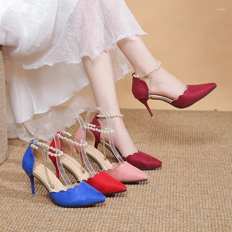 Dress Shoes Pearl Ankle Strap Thin Heels Pumps Women Spring Pointed Toe Banquet Woman Fashion Buckle Stiletto High Heeled