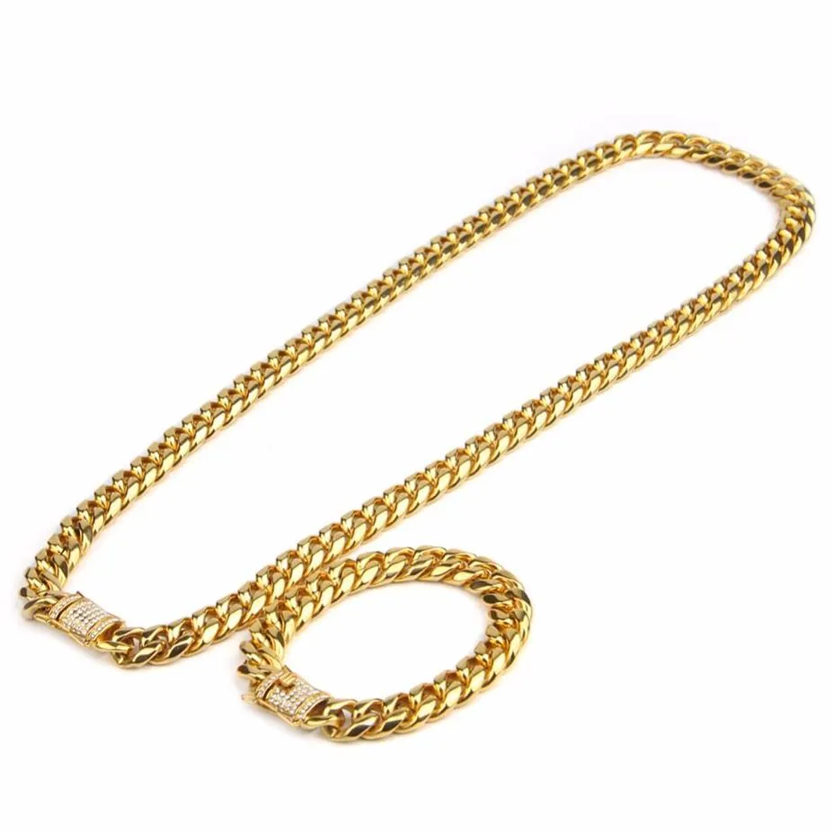 10 mm heren Cuban Miami Link Bracelet Chain Set Rhinestone CZ Clasp roestvrij staal Gold Hip Hop ketting ketting sieraden Set220y