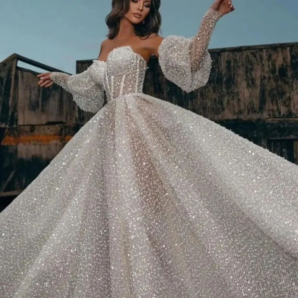 Stunningbride 2024 Сексуальное бальное платье с вырезом в виде сердца на шнуровке и длинными рукавами, свадебное платье, роскошные бусы, расшитые блестками, свадебное платье принцессы со шлейфом