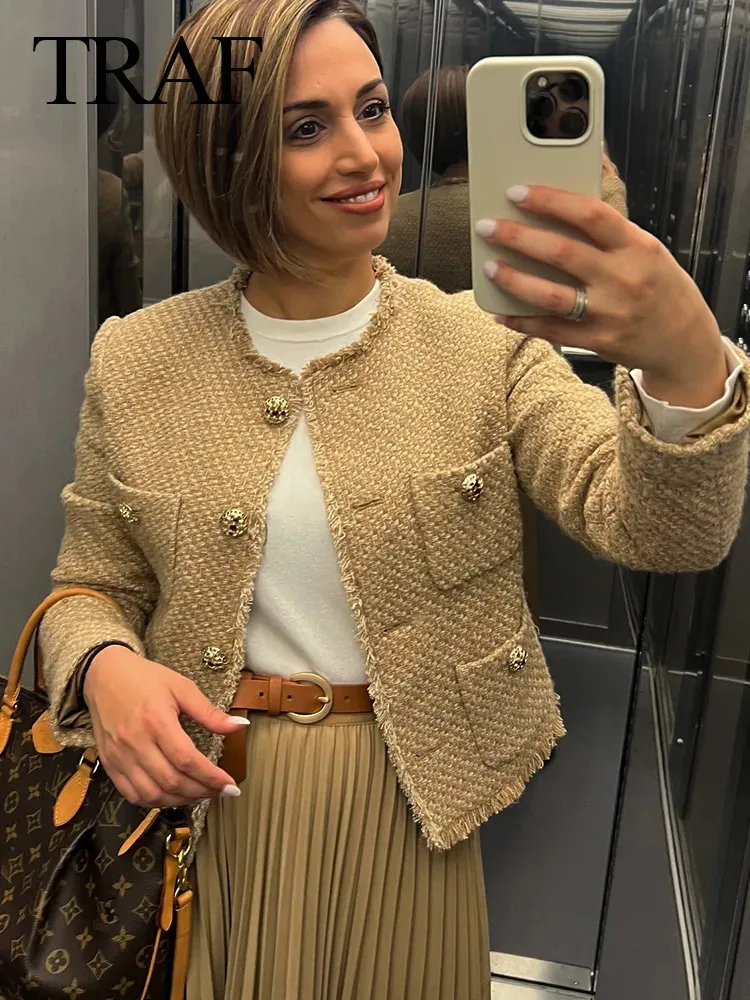 Camel Tweed Short Coats for Women - Autumn Vintage Cropped Jackets