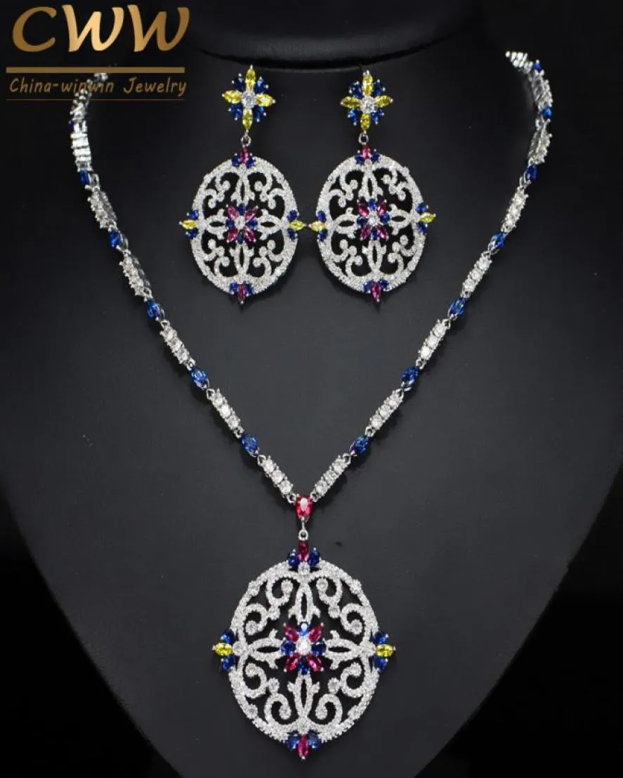 CWWZircons Vintage African Multi Color Cubic Zirconia Wedding Big Long Drop Necklace and Earrings Bridal Jewellery Set T105 CX20086396149