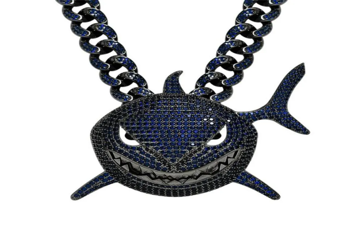 Collana Hip Hop da uomo cool placcato oro Ice Out Bling Blue CZ Shark Ciondolo con catena cubana CZ per uomo Gioielli punk Gift5859409