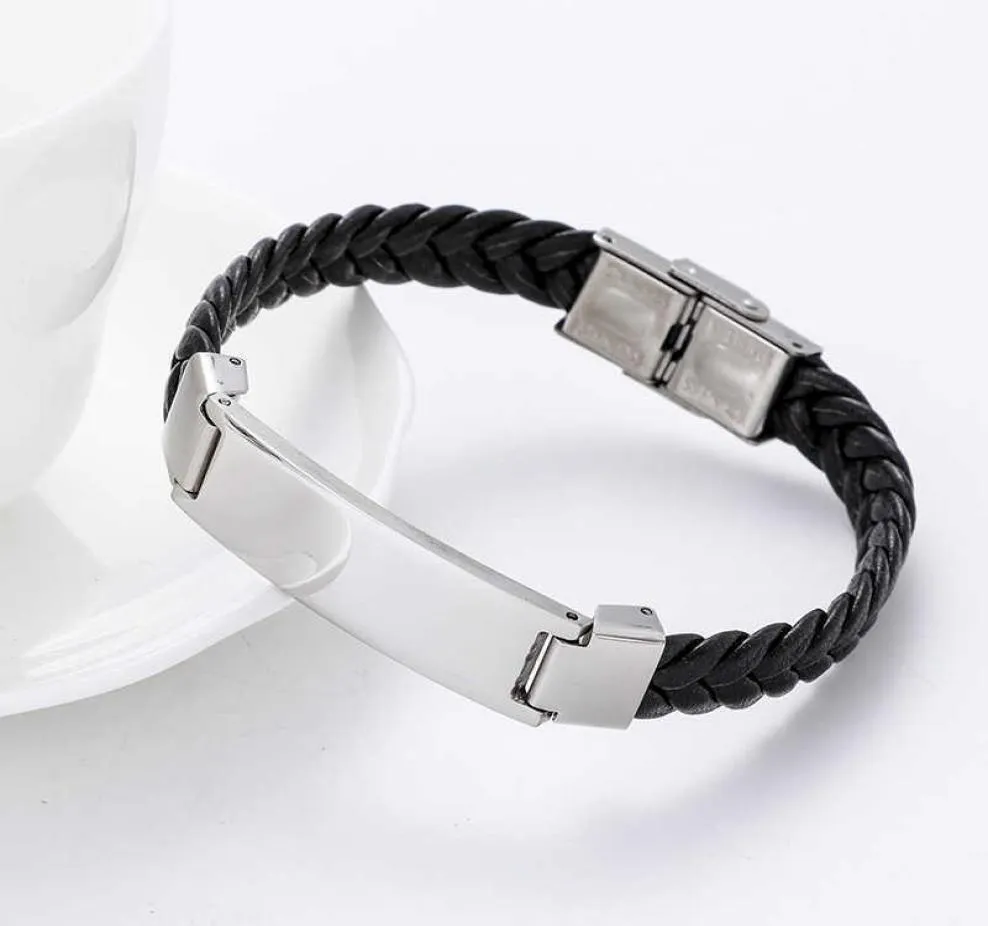 Rostfritt stål tomma ID -taggar läderarmband för gravläder flätan armband med metallplatta hela 10st Q07204339348