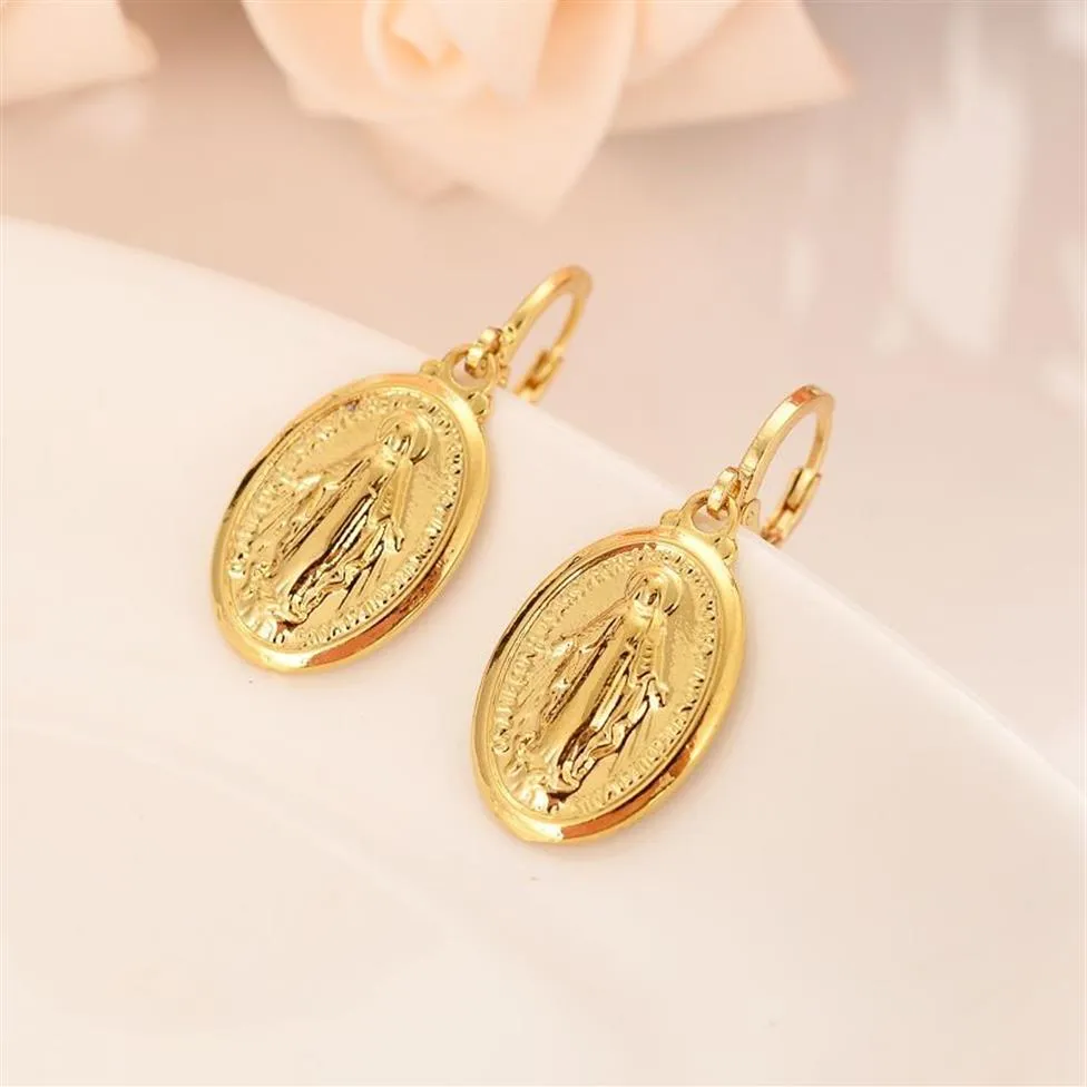 Mother Virgin Mary Necklace Earrings Set Yellow Solid Fine Gold GF Catholic Religious Country Set Gift For Women255P
