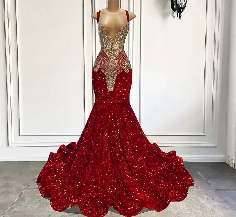 Vermelho escuro longo vestido de baile africano 2024 sereia luxo brilhante prata contas cristais lantejoulas preto meninas festa noite vestidos formais robe de soiree