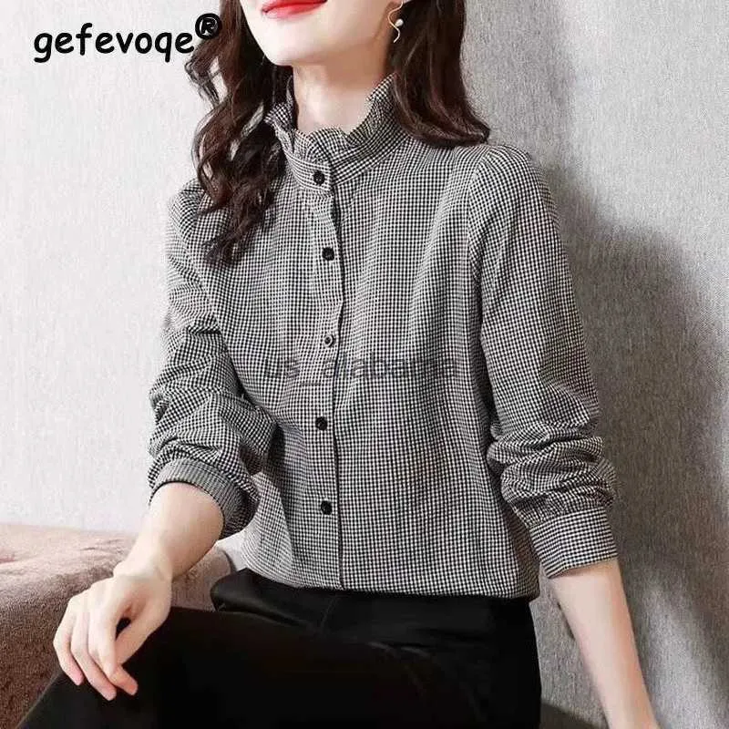 Damesblouses Overhemden Vintage Elegante Chique Ruche Opstaande Kraag Geruite Print Losse Overhemden Koreaanse Mode Tops Met Lange Mouwen Blouses Voor Dames Kleding2023 YQ231214