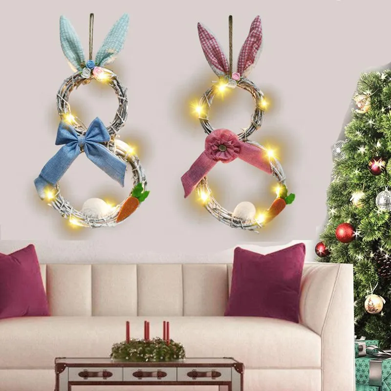 Decorazioni per le orecchie del coniglietto pasquale Ghirlande in rattan LED Casa Famiglia Ristorante Ciondolo Finestra Puntelli Forniture Regali luminosi per feste Bomboniere Q830