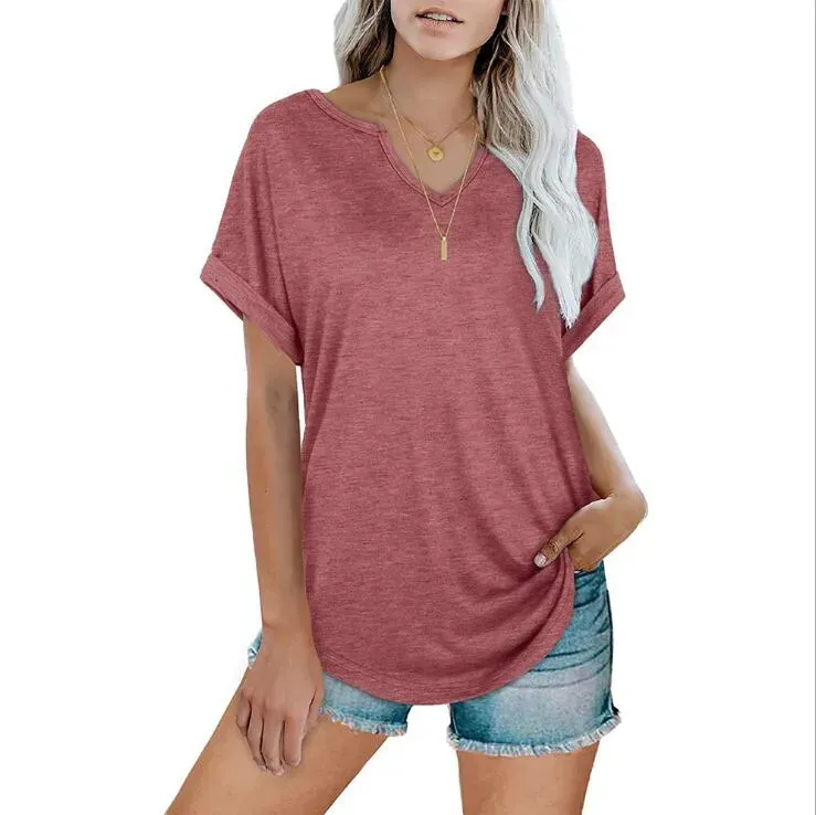 Women T-Shirts Short Sleeve Shirt fashion Solid Color V-neck Shirts Casual Pullovers Top Loose Patchwork Tees Clothing wmq1300