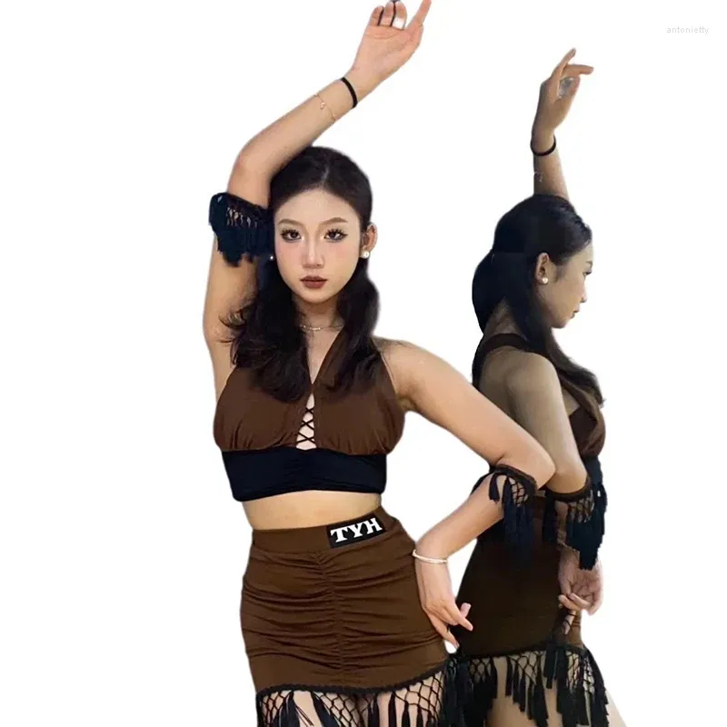Palco desgaste 2023 trajes de desempenho de dança latina marrom tops saias terno chacha rumba tango vestido feminino adulto dqs13993