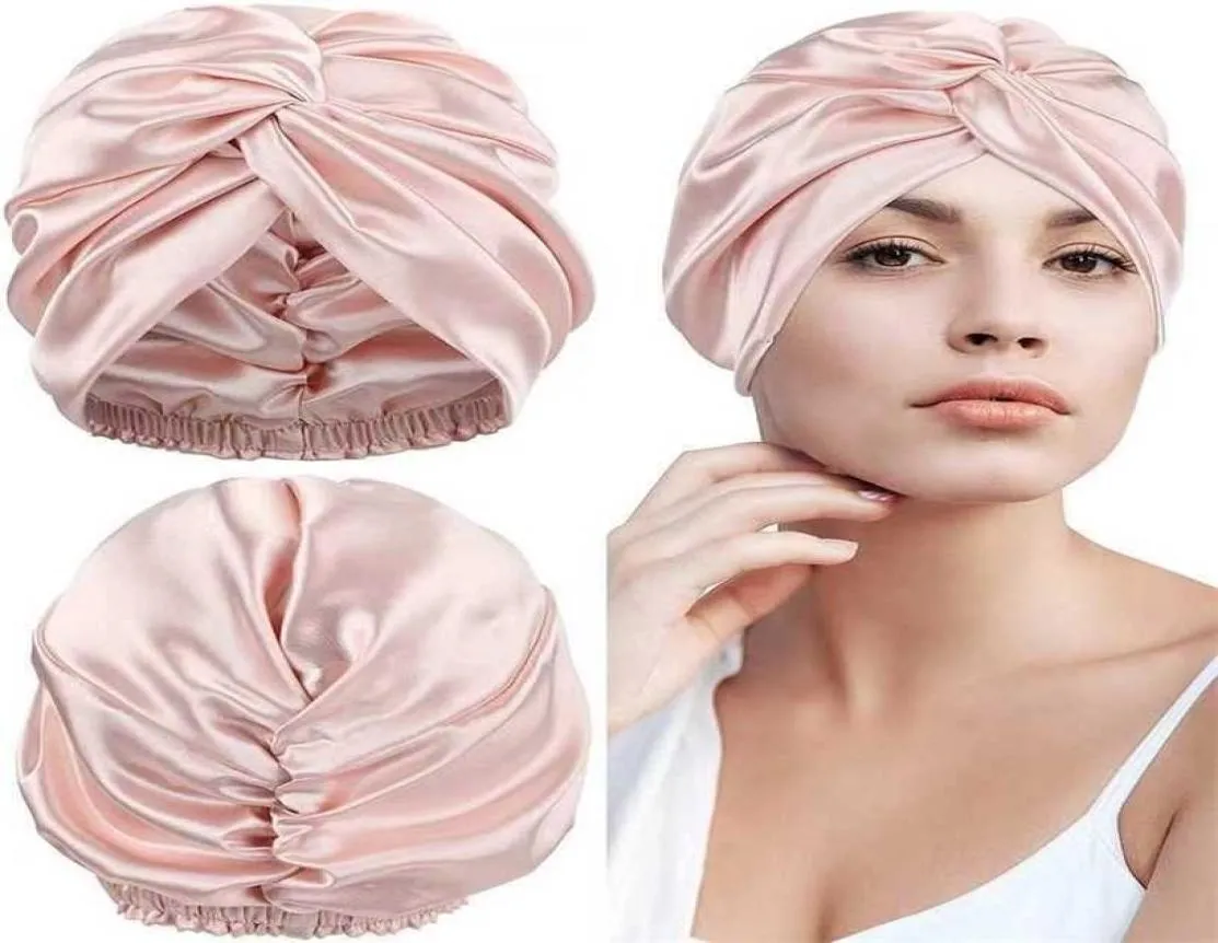 19 Momme Double Layer Mulberry Silk Sleeping Cap sleep for Women Hair Care Long Elastic Bonnet Hat 2112299863419