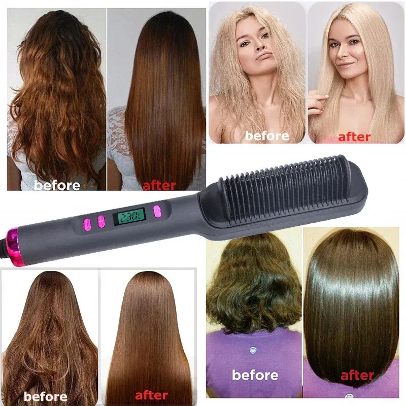 Hair Straighteners Hair Straightening Brush Fast Heating Comb Curling Iron Styler Electric Comb Straightener With LCD Display Multifunctional 231213