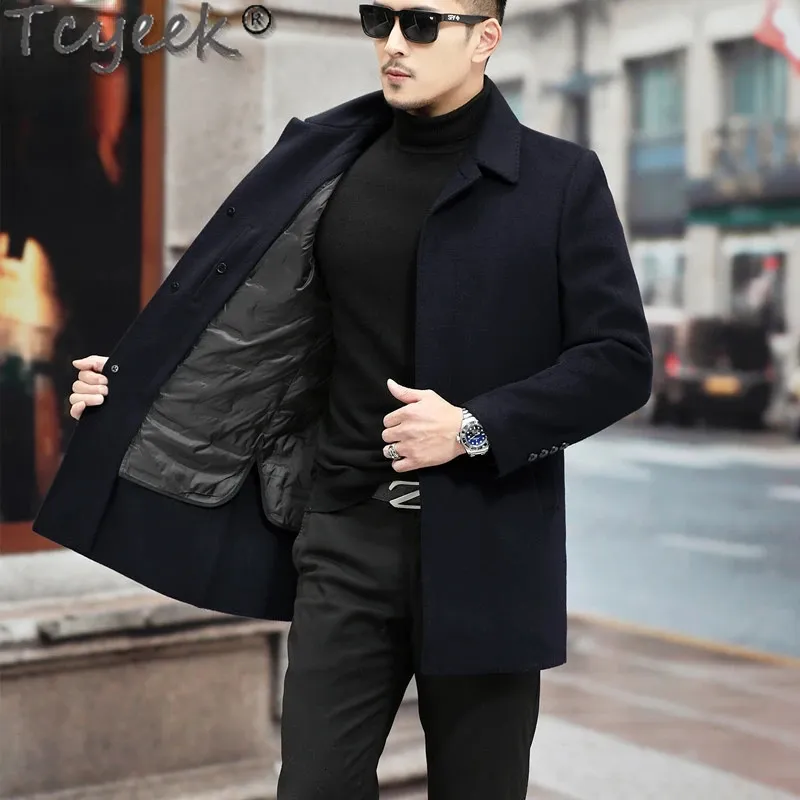 Men's Wool Blends Tcyeek 100% Cashmere Double Sided Woolen Coats for Men Winter Clothing Thickened Warm Goose Down Liner Mid-long Male Coat S-8XL 231213