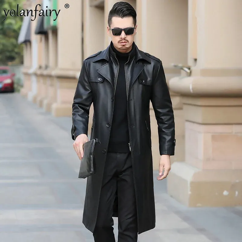 Männer Leder Faux Echte Männer Split Jacke Slim Fit Lange Schaffell Windjacke Männlichen Dicken Warmen Mantel Winter FCY 231214