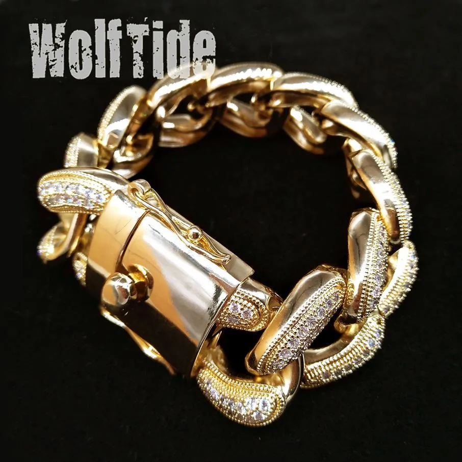 Iced Out Zircon Mens Hip Hop Big Heavy Cupain Stain Bracelet 28mm 8 5inch 18K Gold Miami Rock Roock Curb Curb Cains J265R