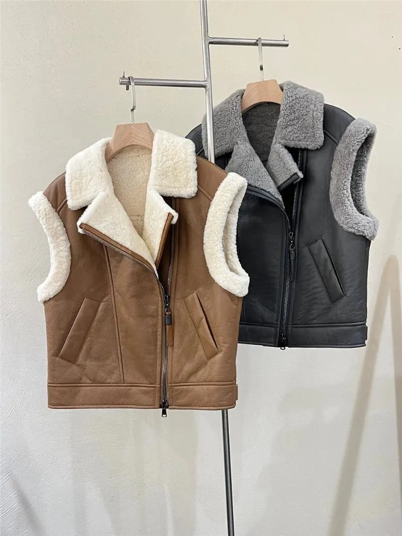 Damen Leder 2024 Echter Pelzweste Mantel Herbst Winter BC Revers Reißverschluss Warm Lamm Ärmellos Outwear