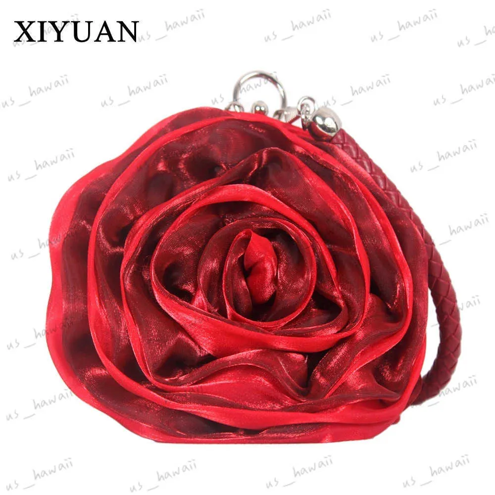Kvällspåsar Xiyuan Nya 19 färger Rose Flower Evening Bag For Ladies Silk Wedding Party Purses Women's Cute Round Tote Handväska för kvinnlig T231214