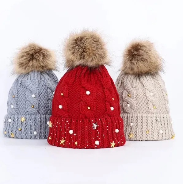 Star Pearl Rhinestone Red Hat For Women Autumn Winter Pompom Warm Knitted Cap Solid Color Twist Ladies Beanie Caps New Year Gift QH495