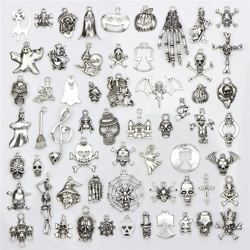 Verschiedene 60 Designs Halloween Charms Schädel Skelett Hand Spinne Fledermaus Geist Hexe Anhänger DIY Schmuckherstellung 60 Stück bag229P