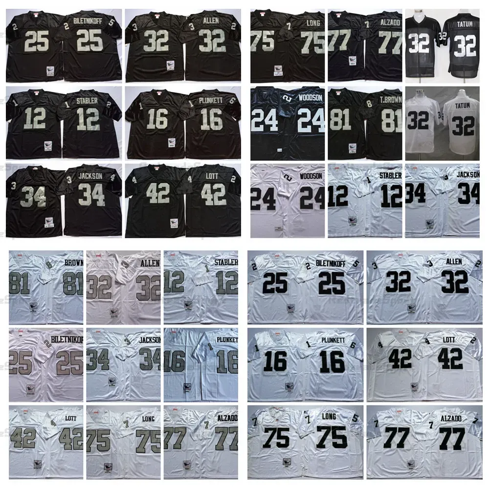 Vintage 24 Charles Woodson 32 Jack Tatum Camisas de futebol Marcus Allen Biletnikoff Ken Stabler Jim Plunkett Bo Jackson Ronnie Lott Long Lyle