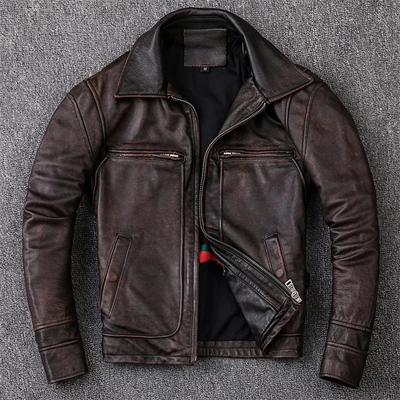 Men's Leather Faux Men Cowhide Coat Genuine Jacket Vintage Style Man Clothes Motorcycle Biker Jackets Plus Size 134cm 231213