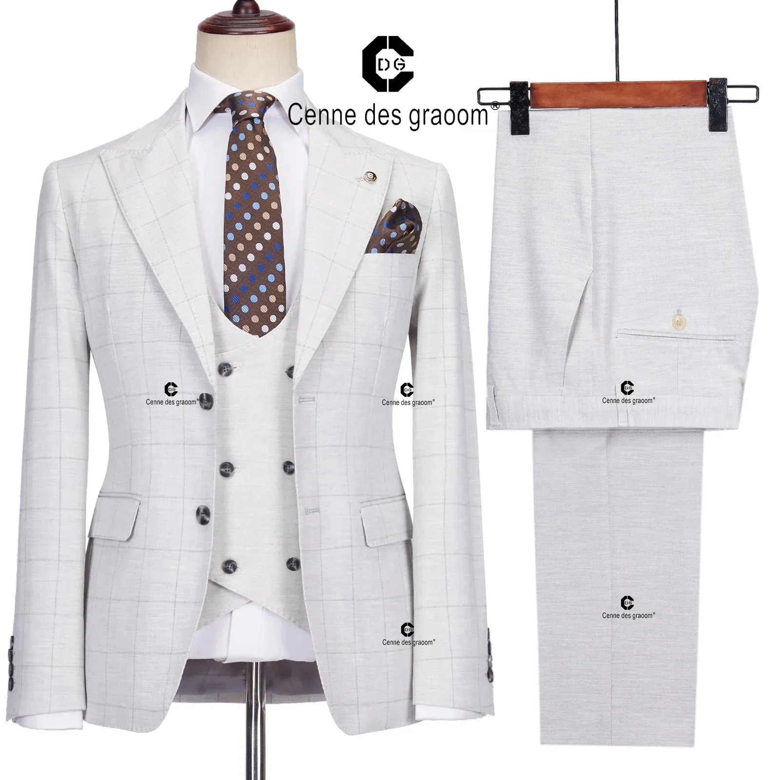 Herrenanzüge Blazer Cenne Des Graoom 2023 Elegant Plaid für Männer Maßgeschneiderte Slim Fit Jacke Weste Hosen 3-teiliges Set Bräutigam Business Büro Meeting 231214